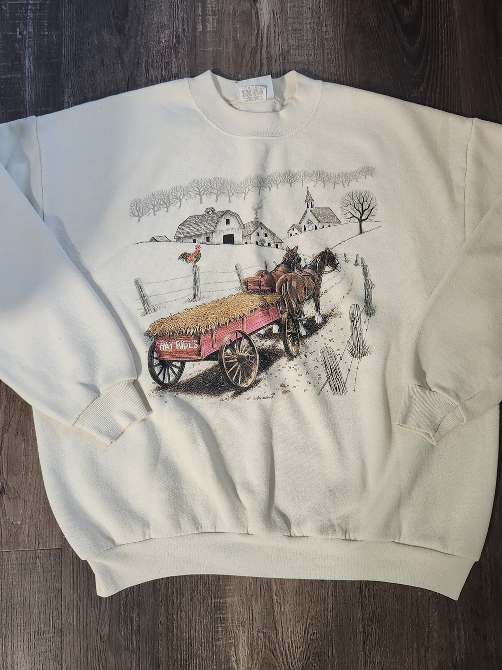 Cream Unisex Crewneck Sweater with Horse-Drawn Wagon Graphic